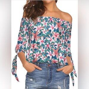 Women's Floral Blouse Off Shoulder 3/4 Sleeves Shirt /size M